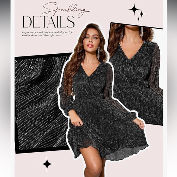 NWT Black Glitter Plissé Mini Dress V-Neck Long Sleeve Metallic Sparkle large - Picture 13 of 13